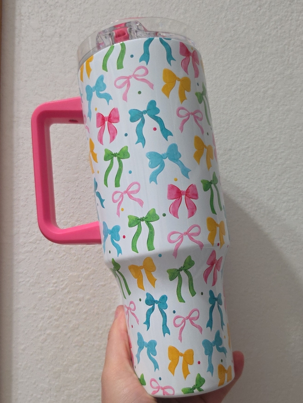 Hobby Lobby Pink-Handle Bow Pattern Insulated Tumbler